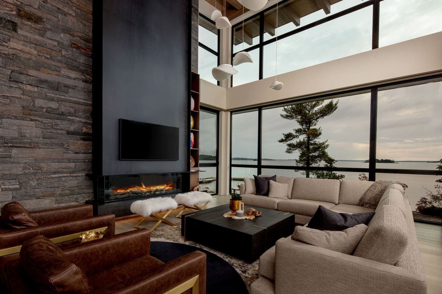 modern living room with a fireplace
