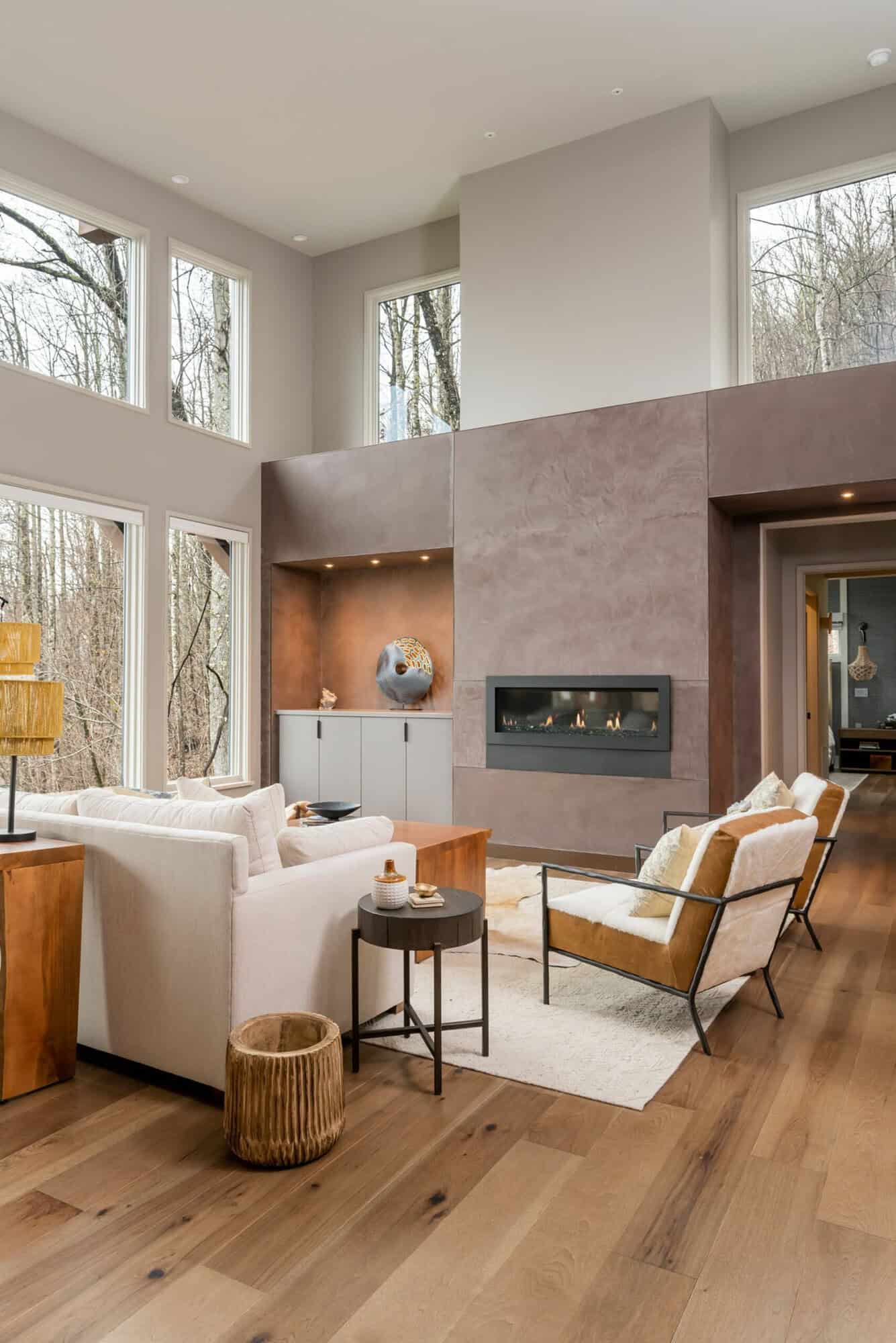 contemporary living room with a fireplace