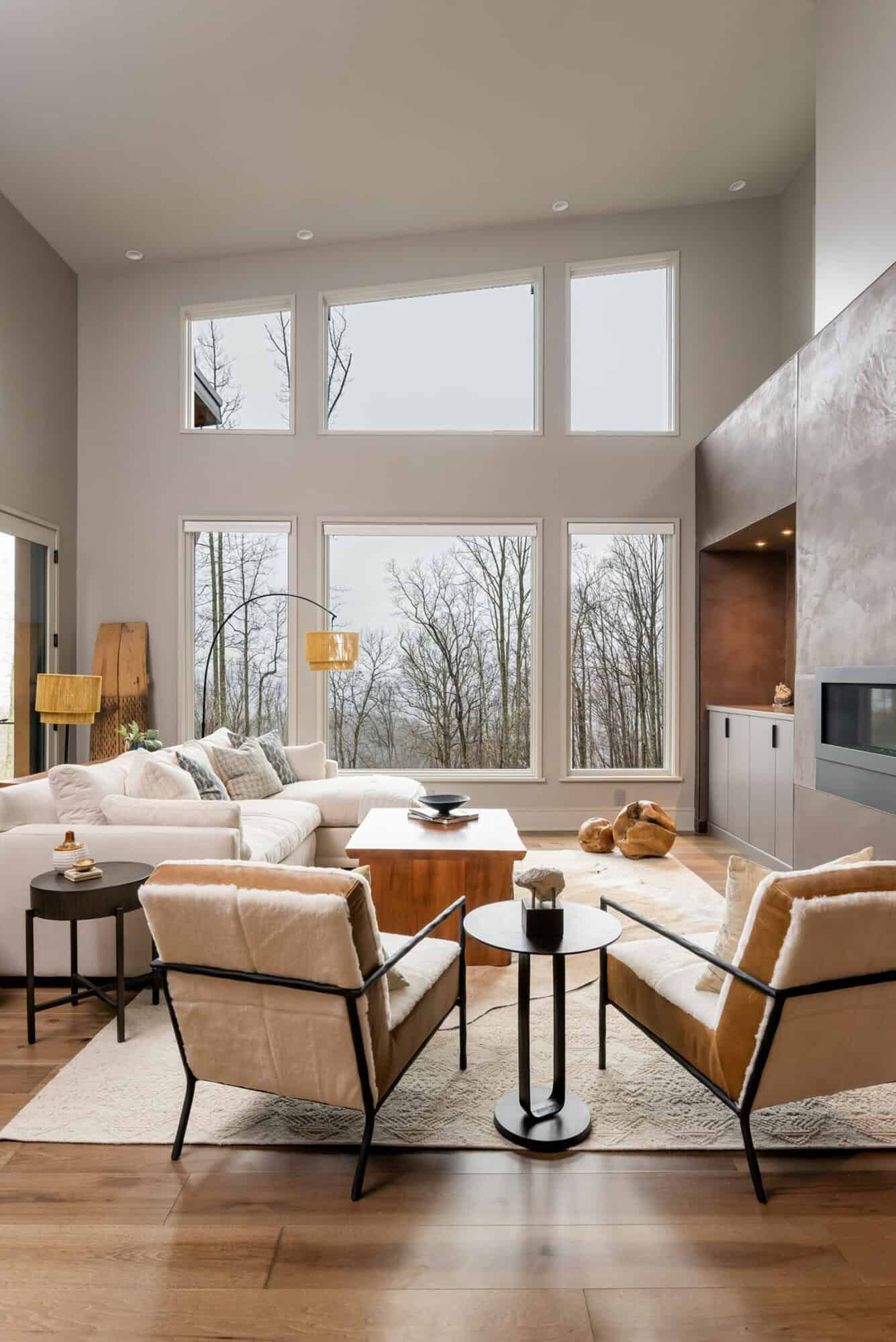 contemporary living room with a large window wall