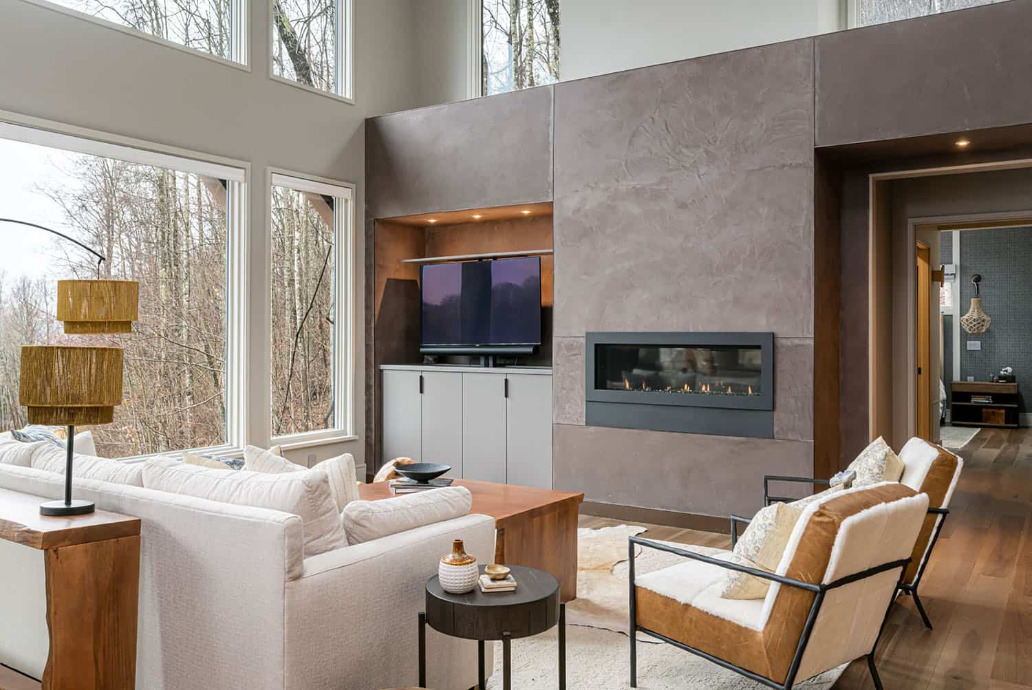 contemporary living room with a pop-up television