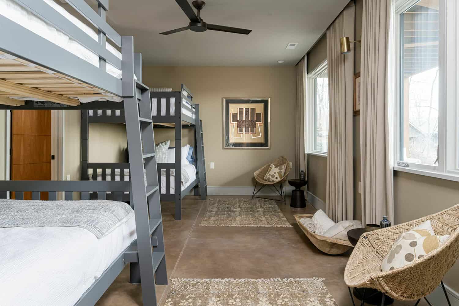 contemporary lower level bunk bedroom