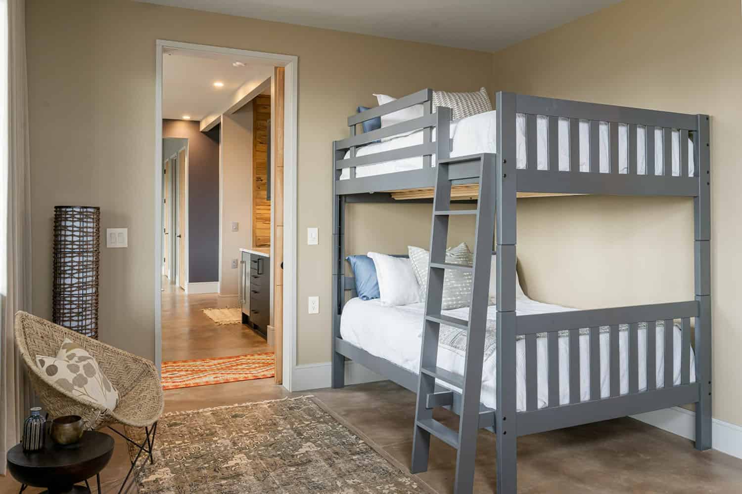contemporary lower level bunk bedroom