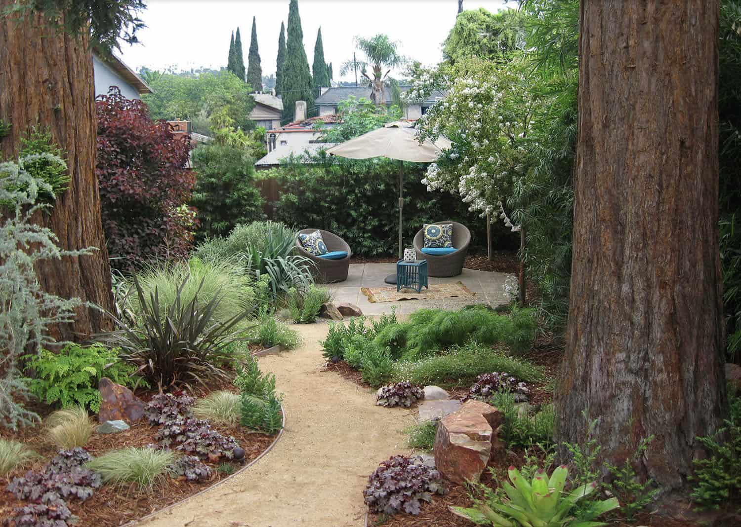 woodland garden with a decomposed granite pathway