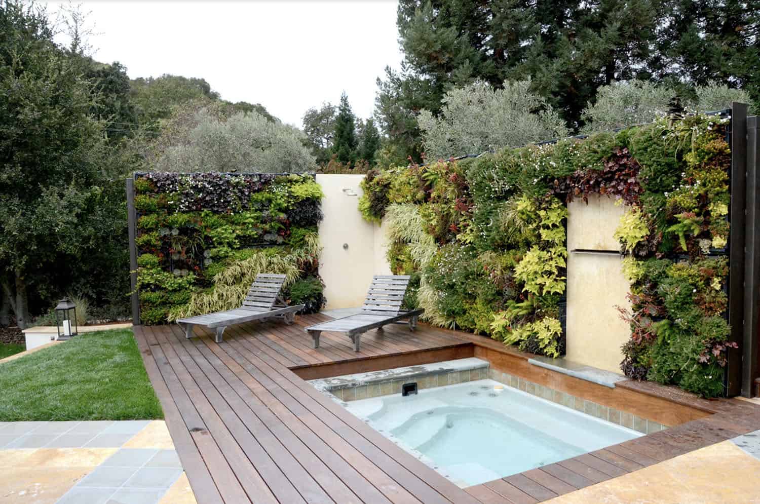 spa, spa deck, water feature, and green wall
