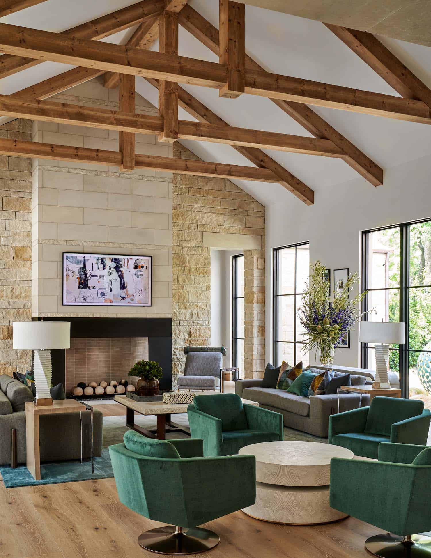 contemporary living room with a fireplace