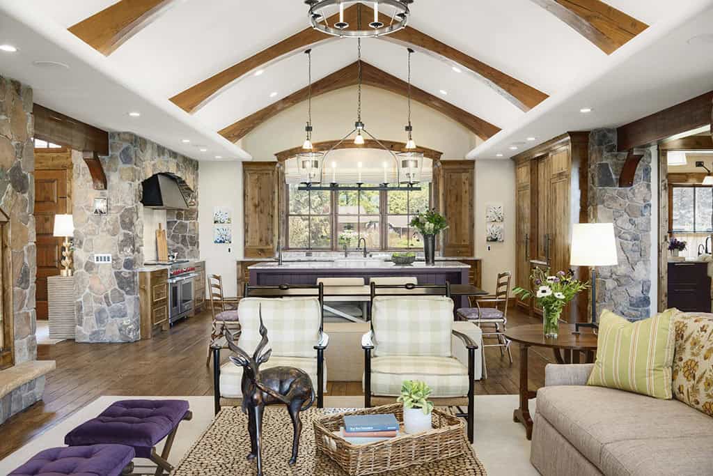 rustic living room looking towards the kitchen