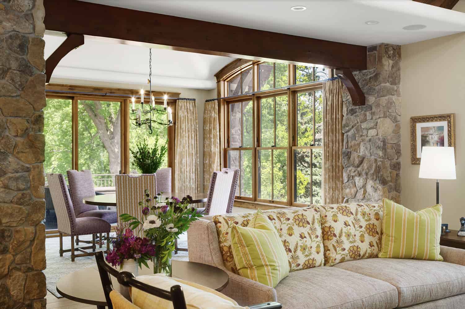 rustic living room looking towards the dining room