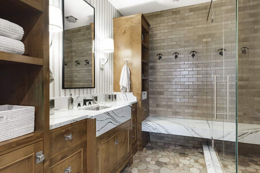 rustic lower-lovel guest bathroom