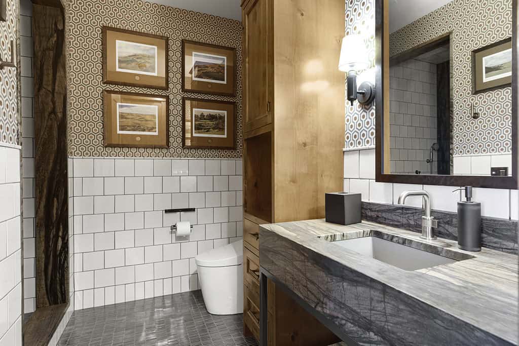 rustic lower-lovel guest bathroom