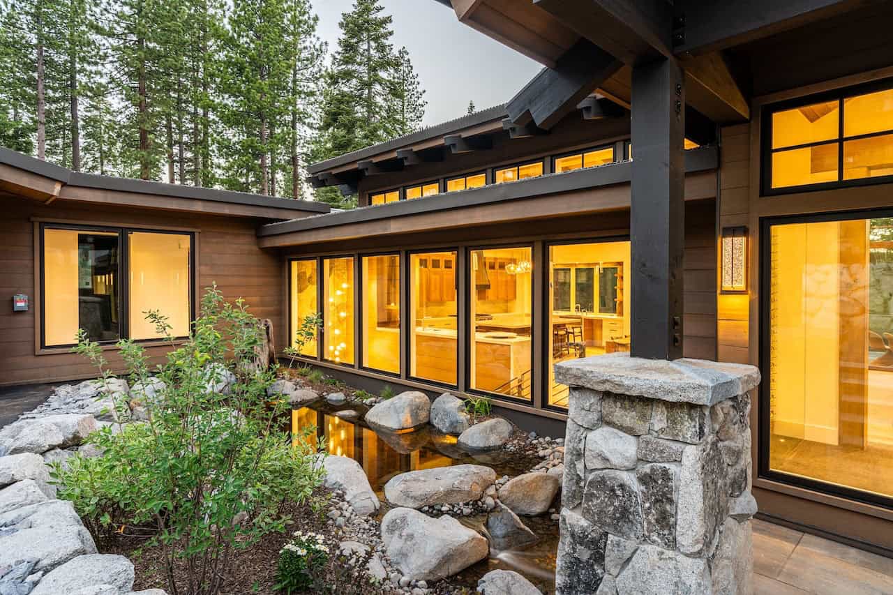 mountain home exterior at dusk