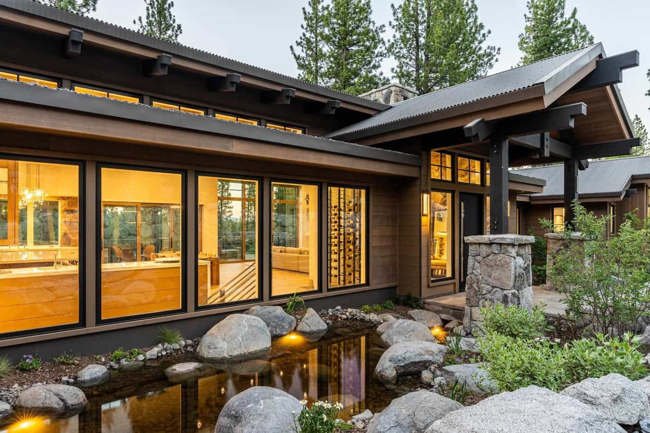 mountain home exterior at dusk
