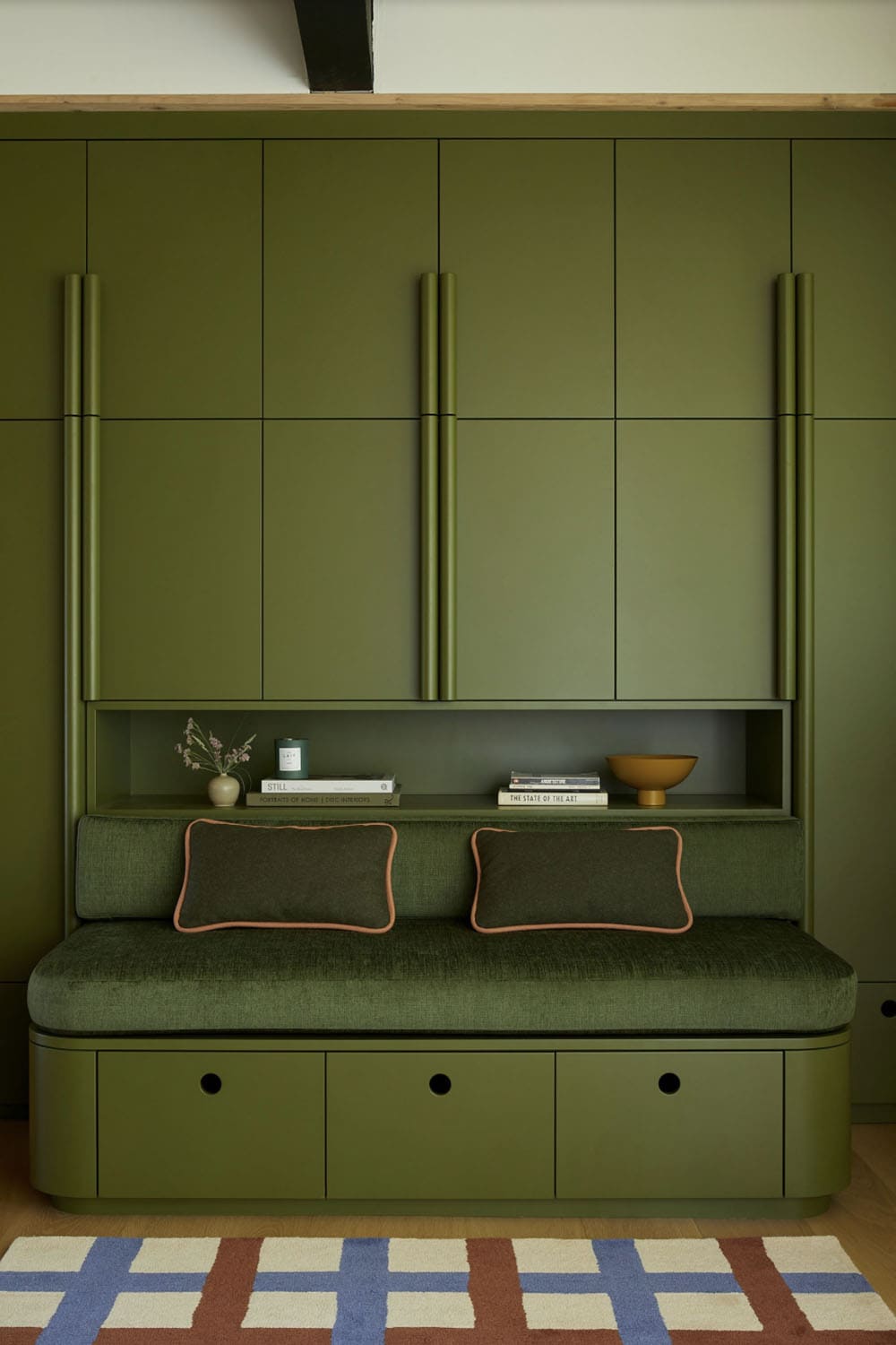 Midcentury Family Room with Green Cabinets
