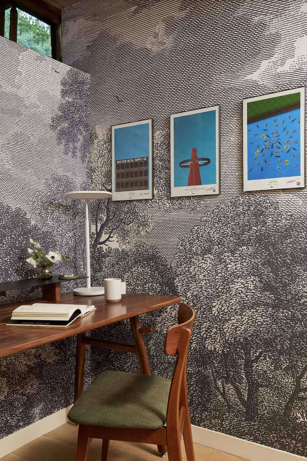 midcentury home office with wallpaper