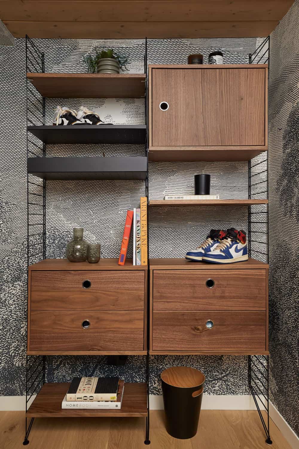 midcentury home office with wallpaper