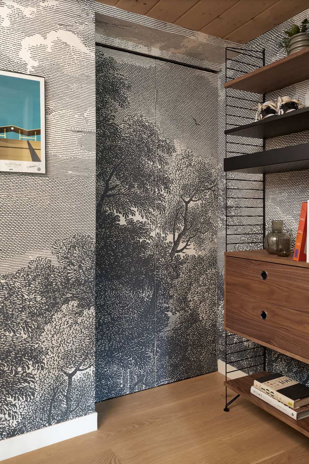 midcentury home office with wallpaper