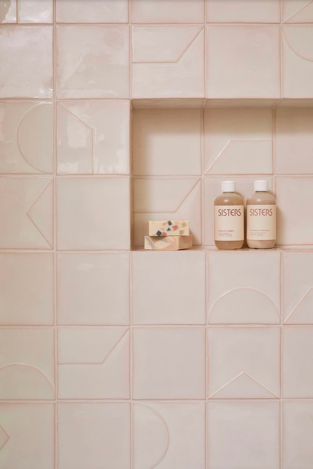 Midcentury Bathroom Shower with Pink Tiles