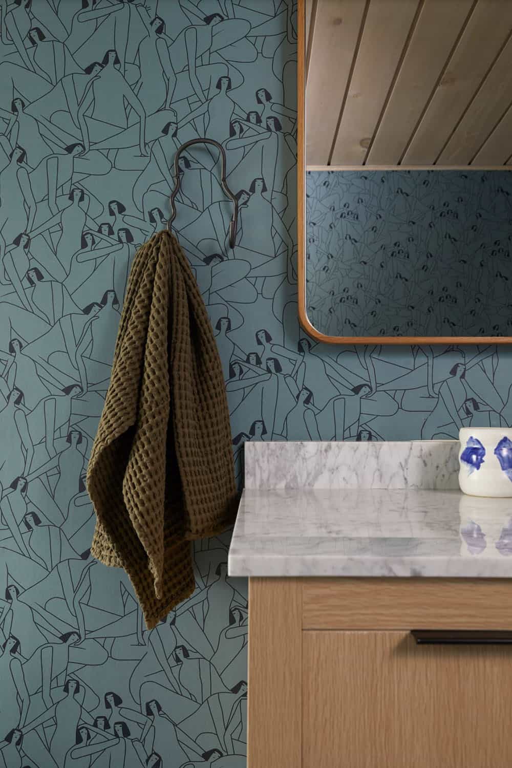 Midcentury Bathroom with Wallpaper