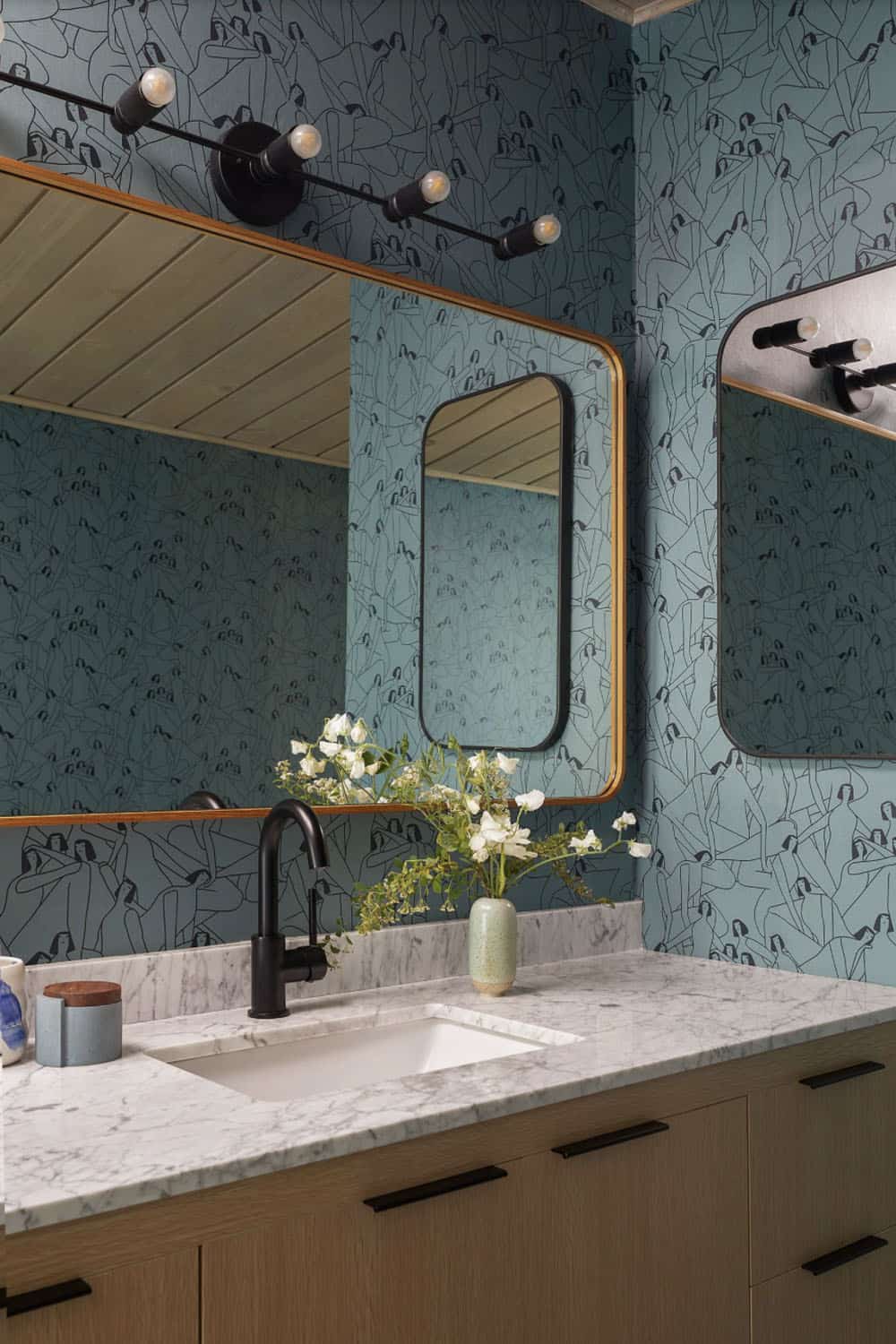 Midcentury Bathroom with Wallpaper