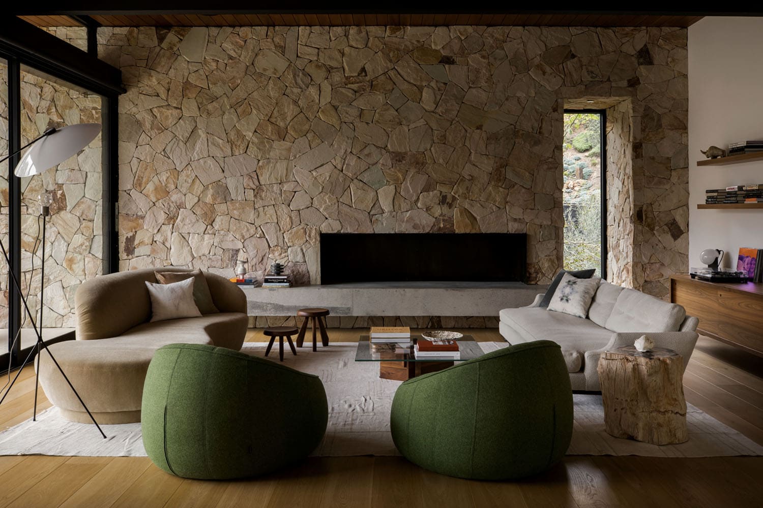 midcentury modern living room with a fireplace