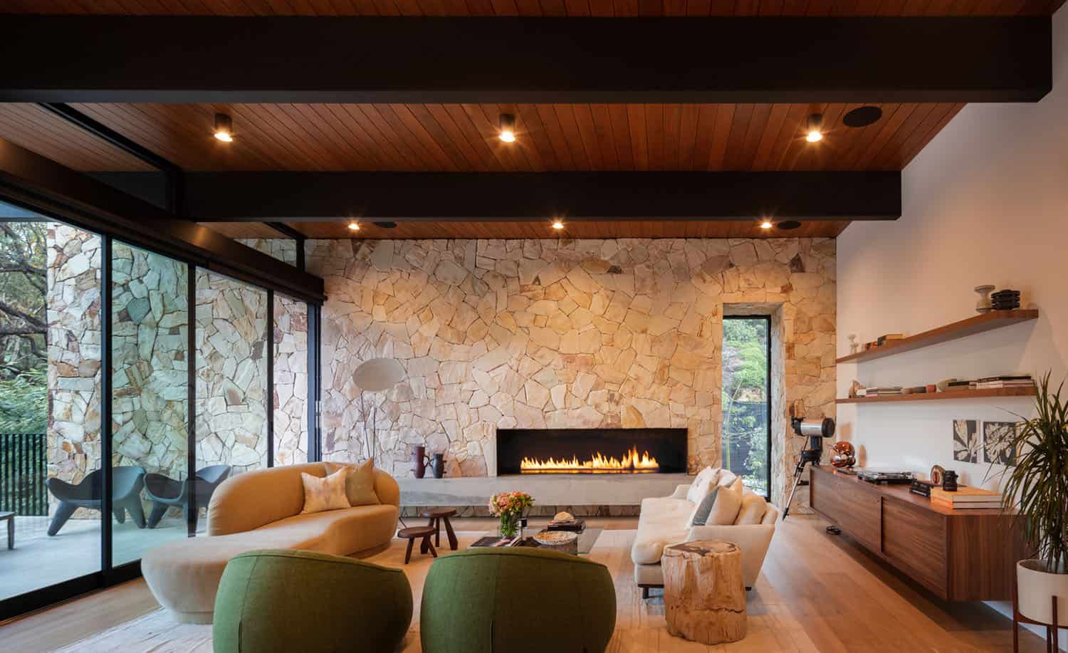 midcentury modern living room with a fireplace