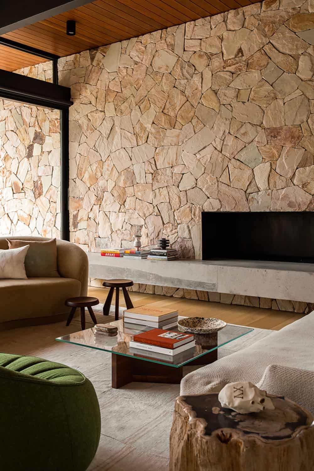 midcentury modern living room with a fireplace