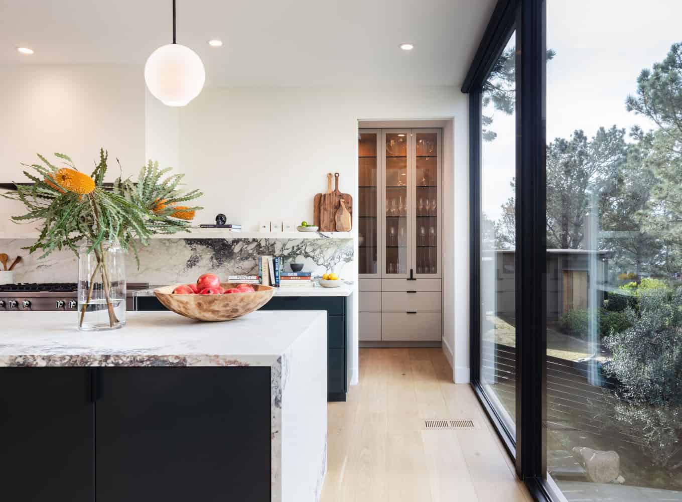 midcentury modern kitchen with sliding glass doors