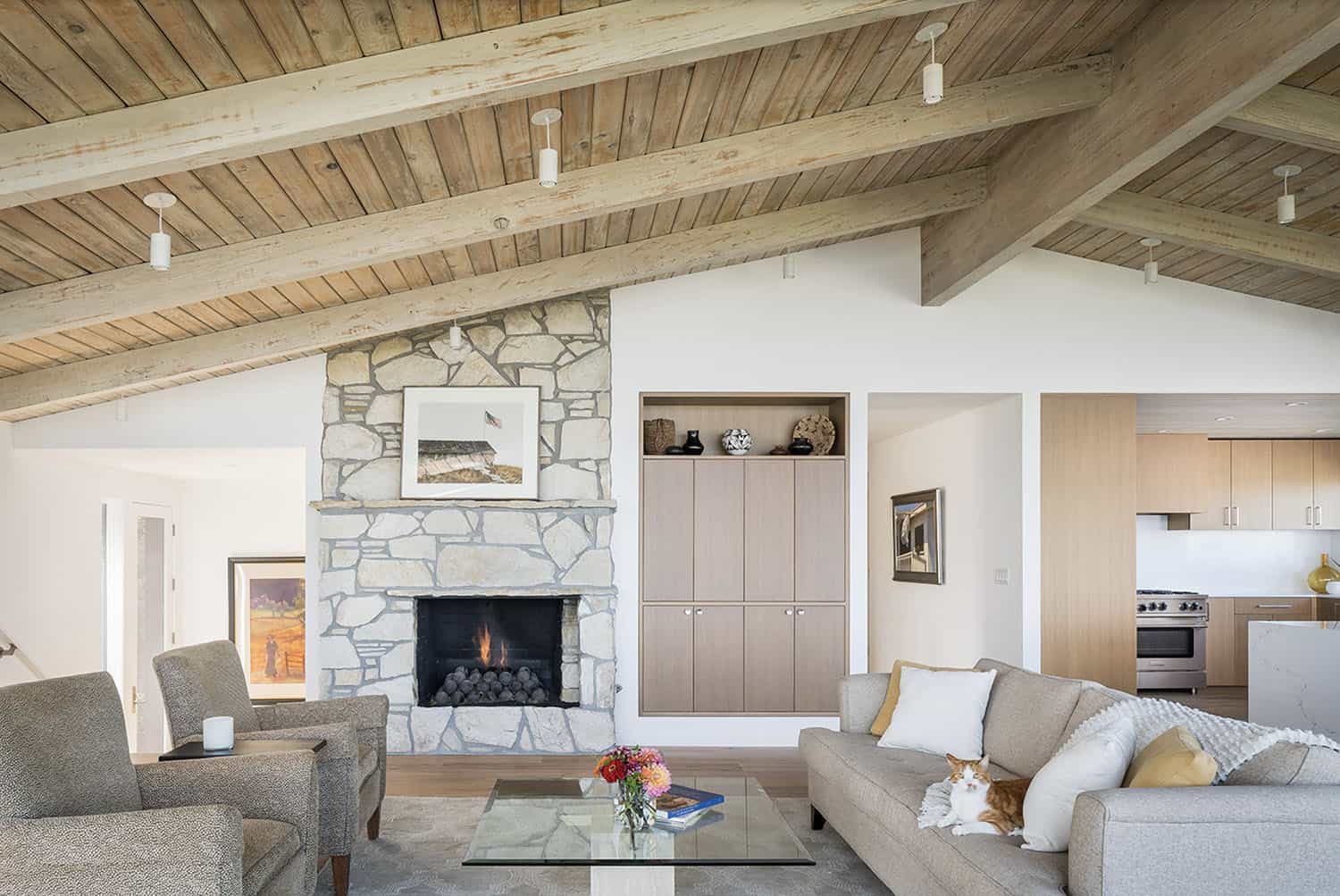 midcentury living room with a fireplace