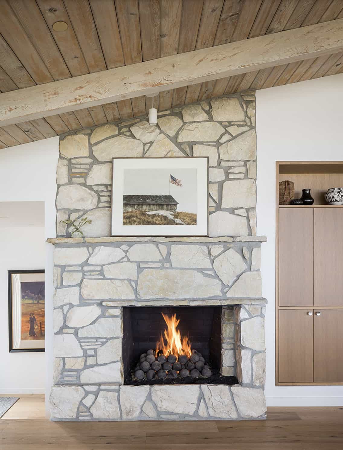 midcentury living room with a fireplace