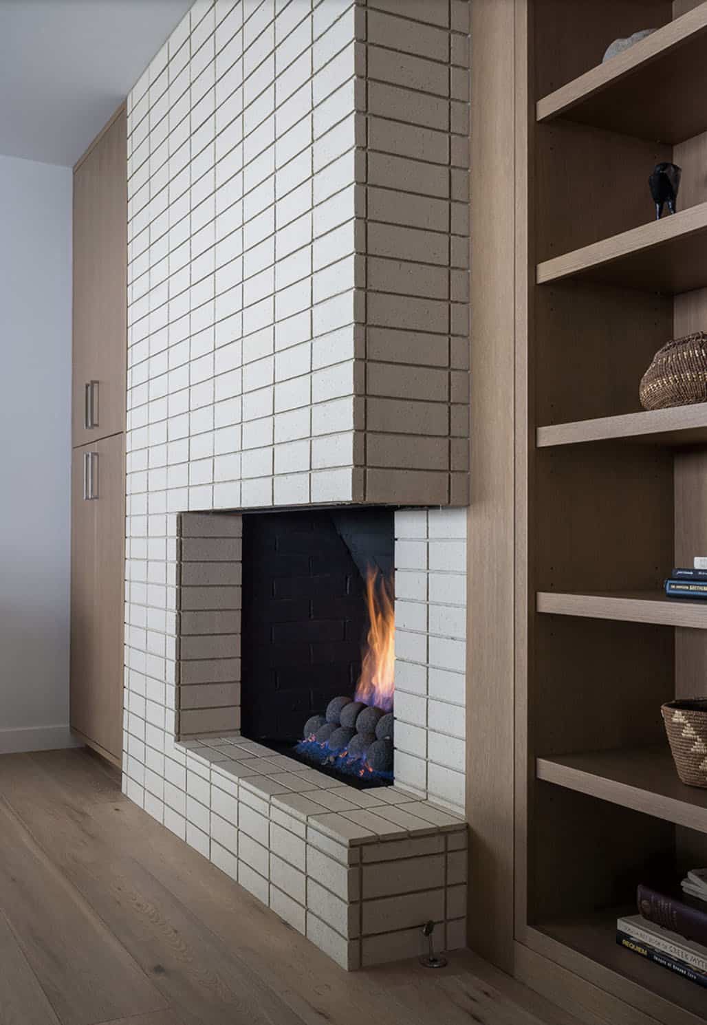 midcentury living room with a fireplace