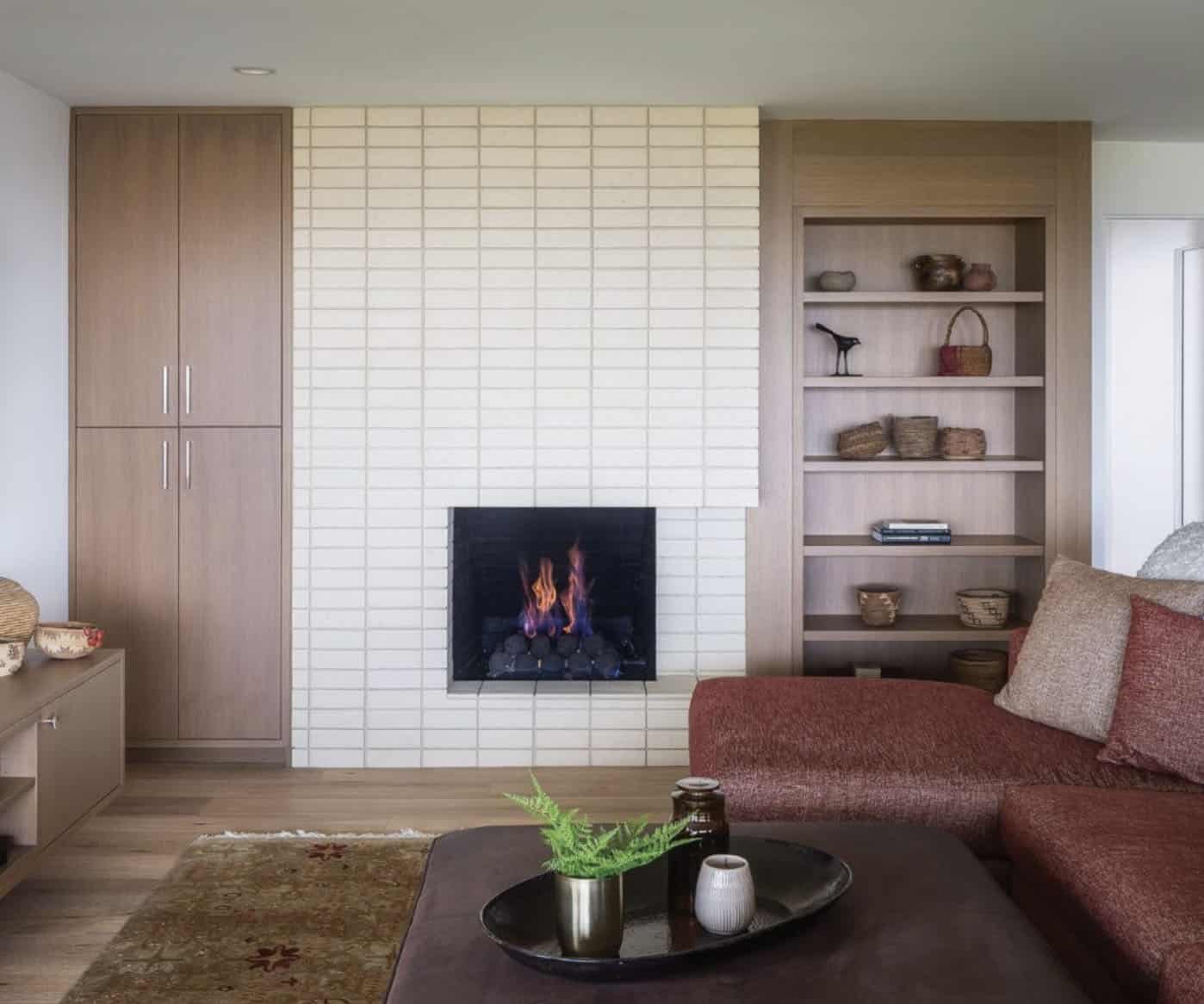 midcentury family room with a fireplace