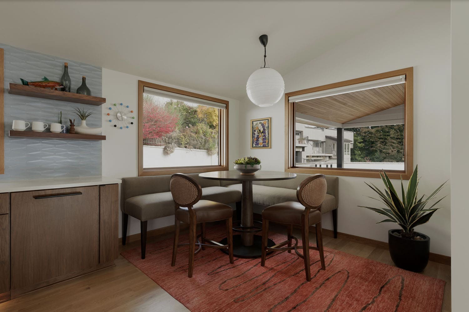 midcentury modern kitchen with a built-in dining banquette