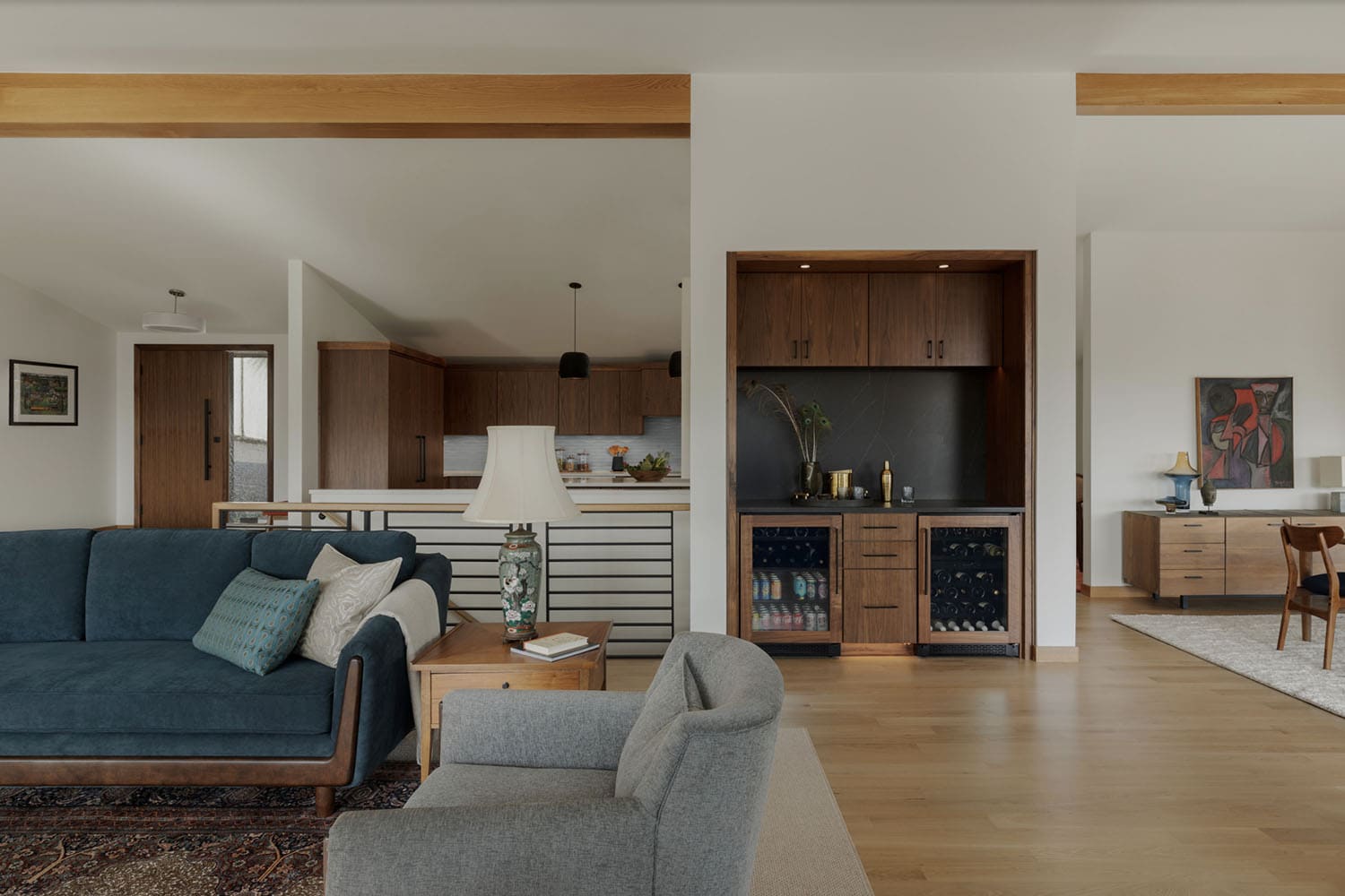 midcentury modern home bar in the living room
