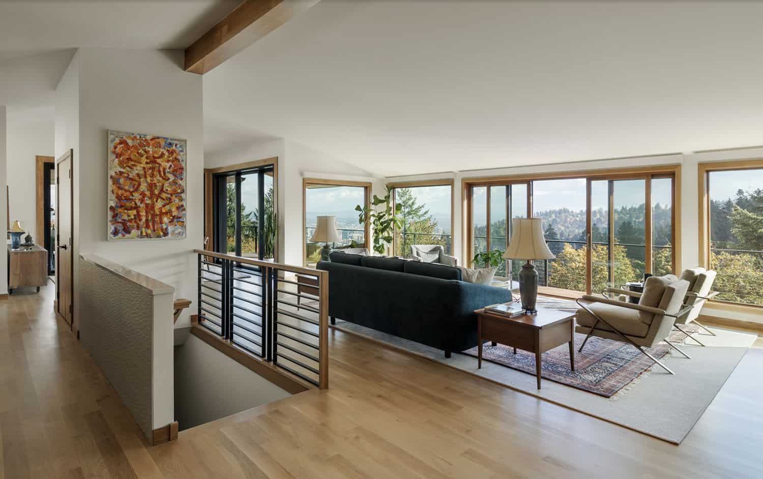 midcentury modern living room with large windows