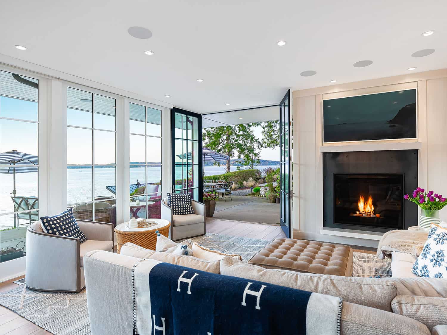 modern farmhouse style living room with a fireplace