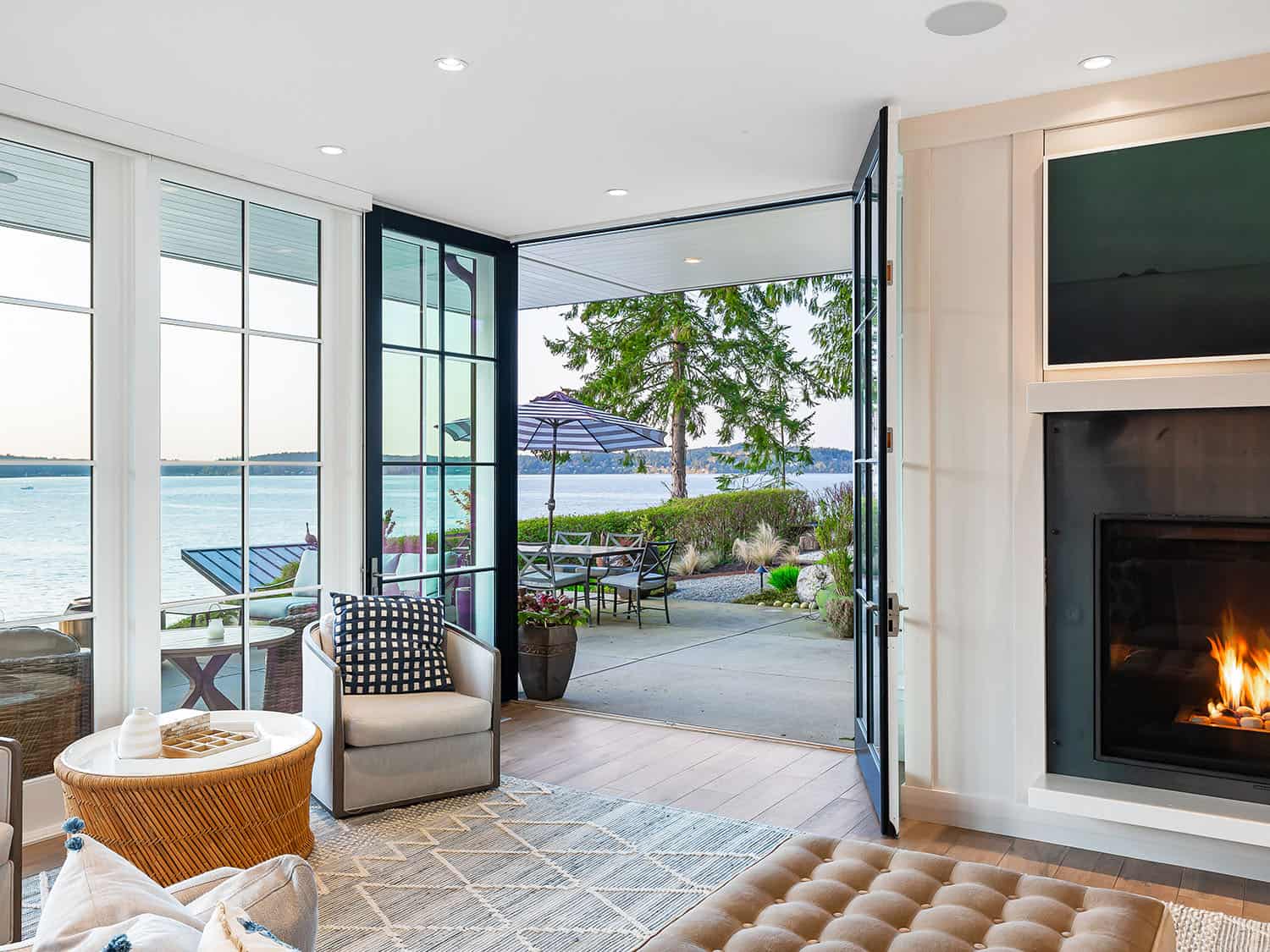 modern farmhouse style living room with french doors