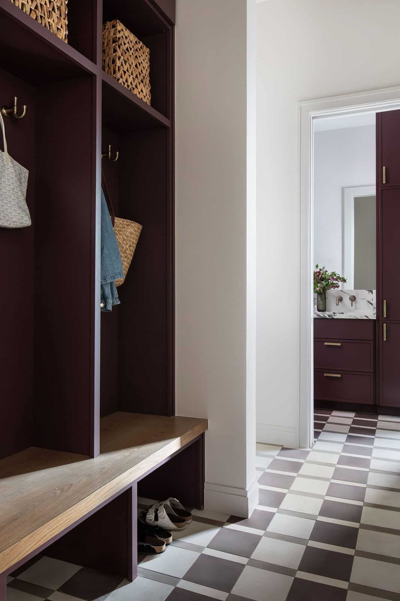 modern mudroom with a built-in bench