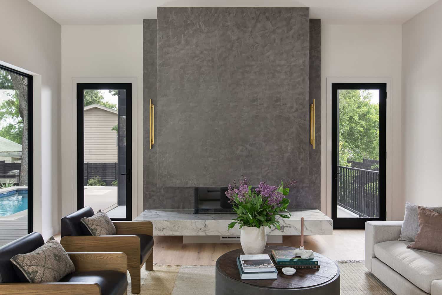modern living room with a fireplace