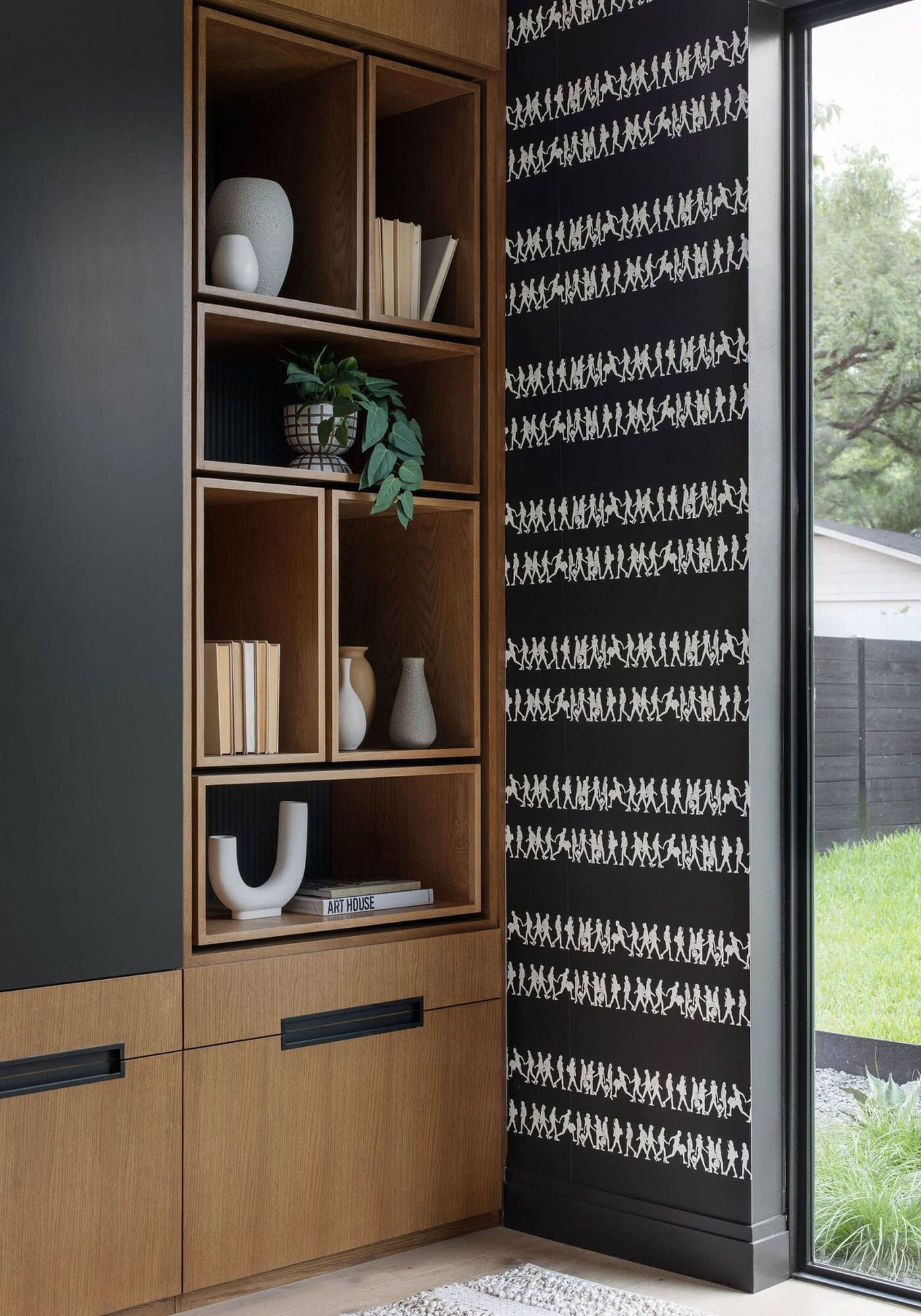 modern home office with built-in cabinetry