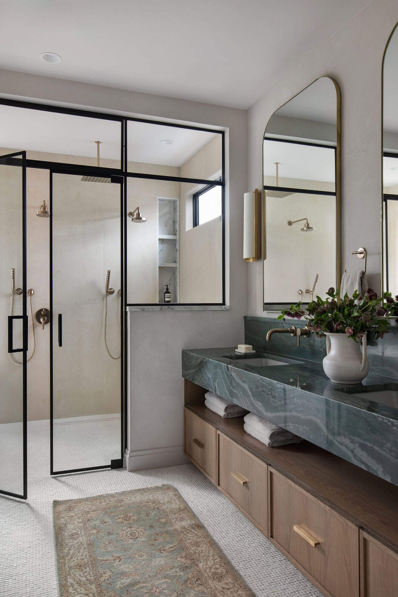 modern bathroom vanity with a shower