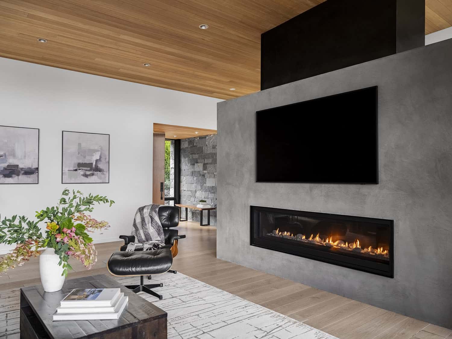 modern living room with a fireplace