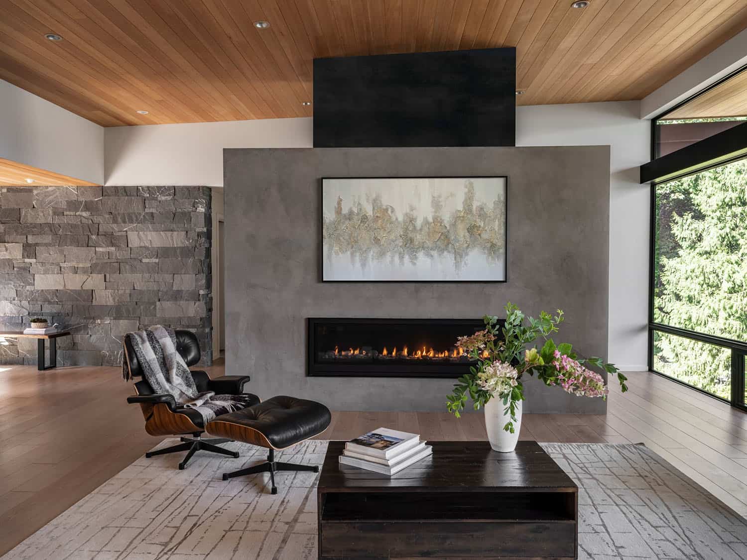 modern living room with a fireplace
