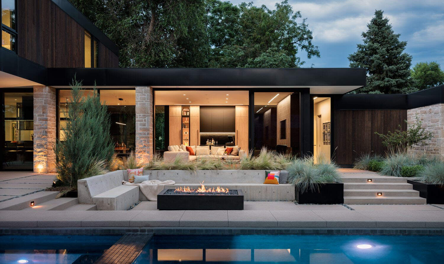 modern house exterior at dusk