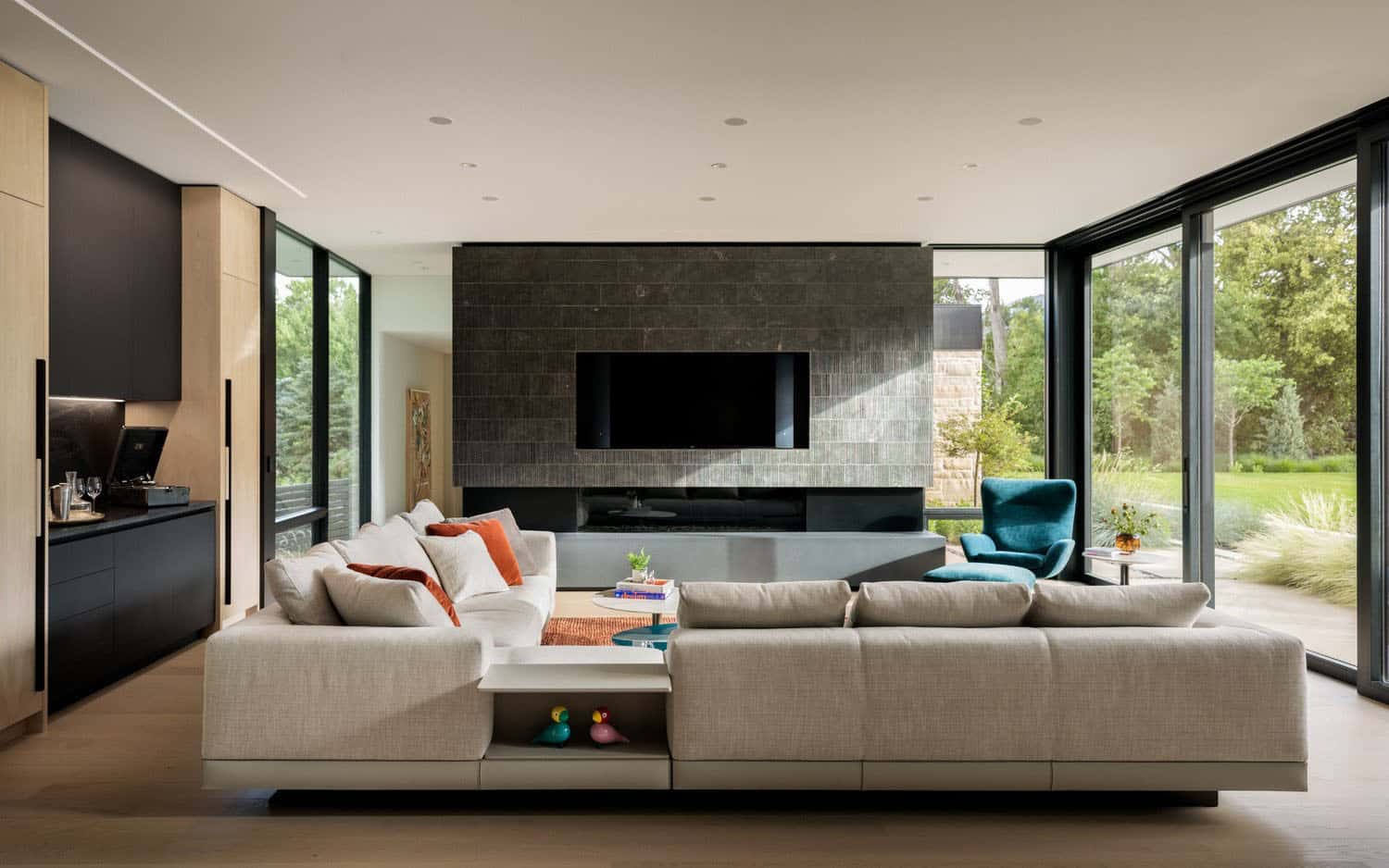 modern living room with a fireplace
