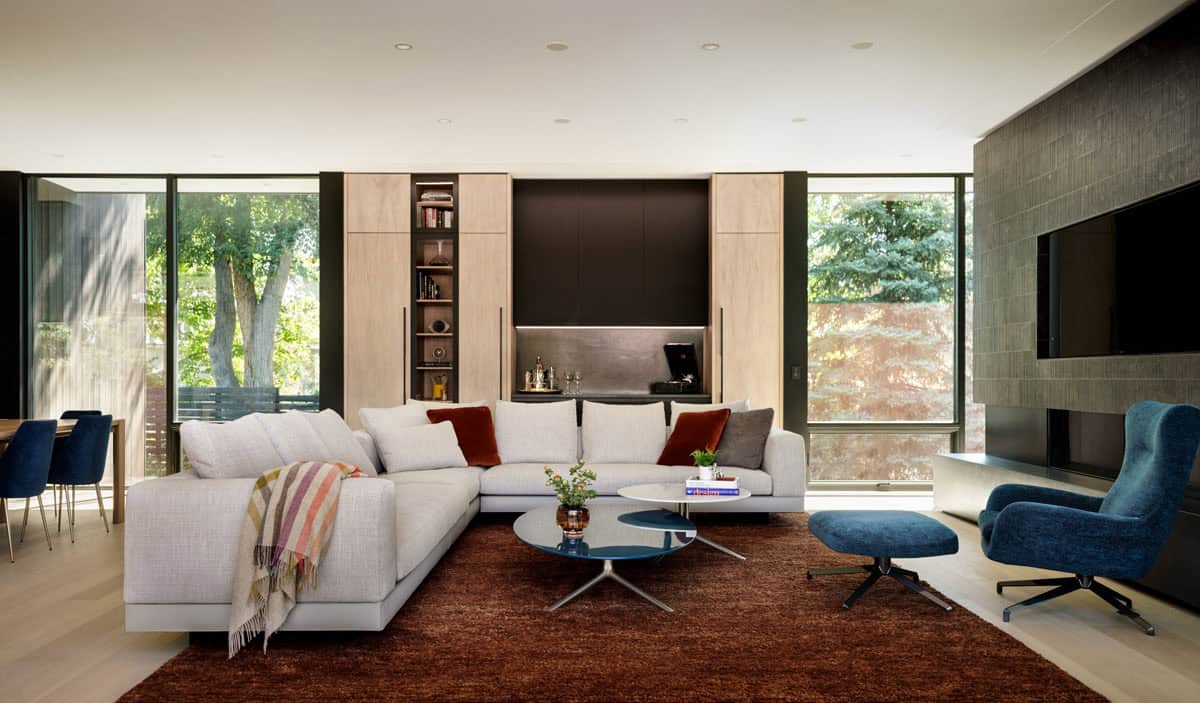 modern living room with a home bar