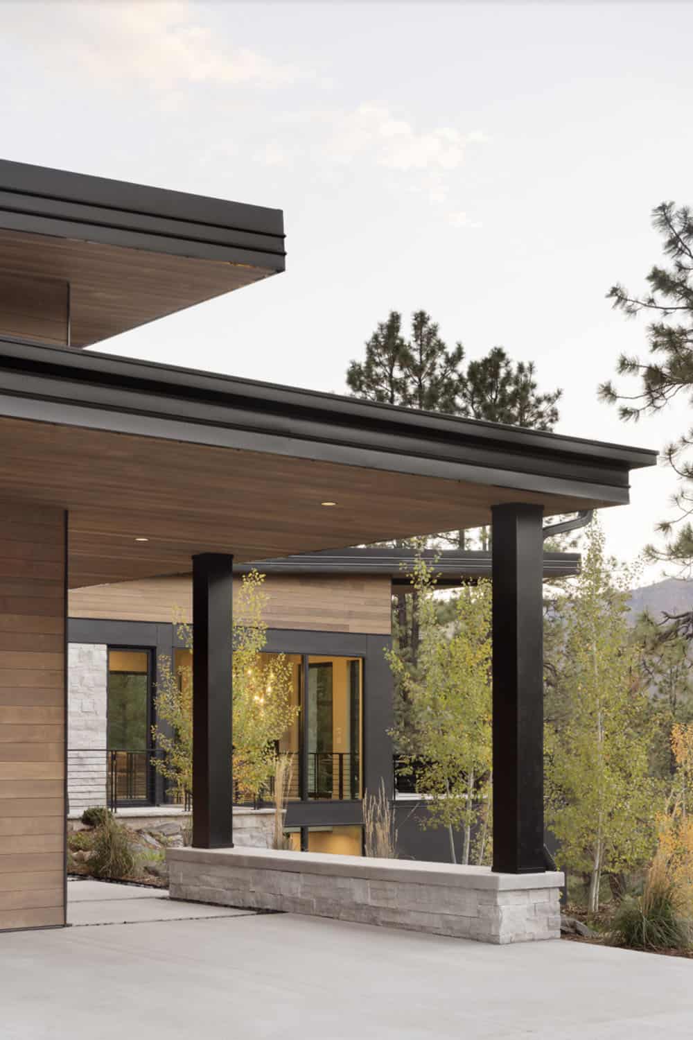 modern mountain home exterior with a covered walkway