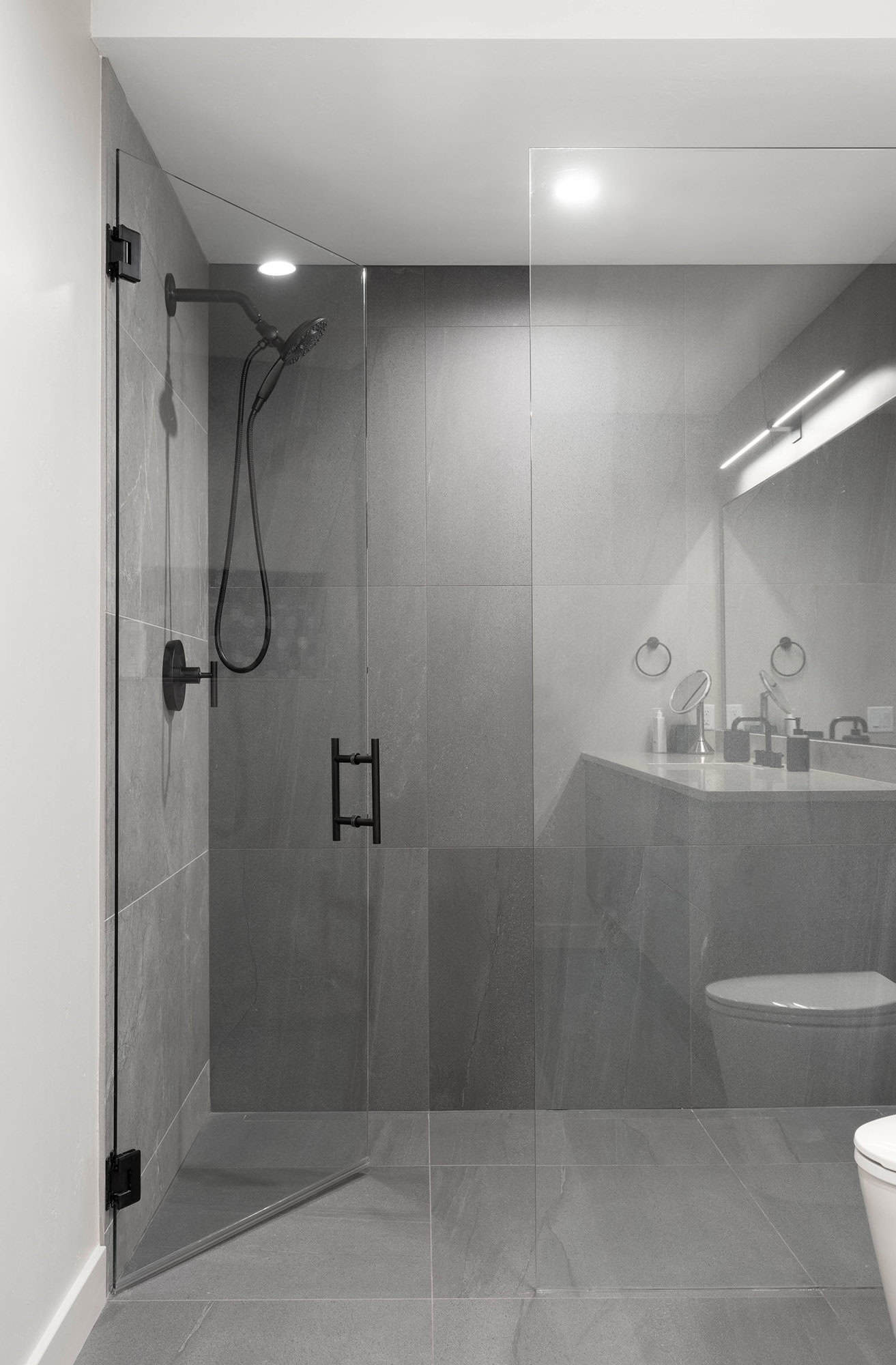 modern bathroom with a large shower