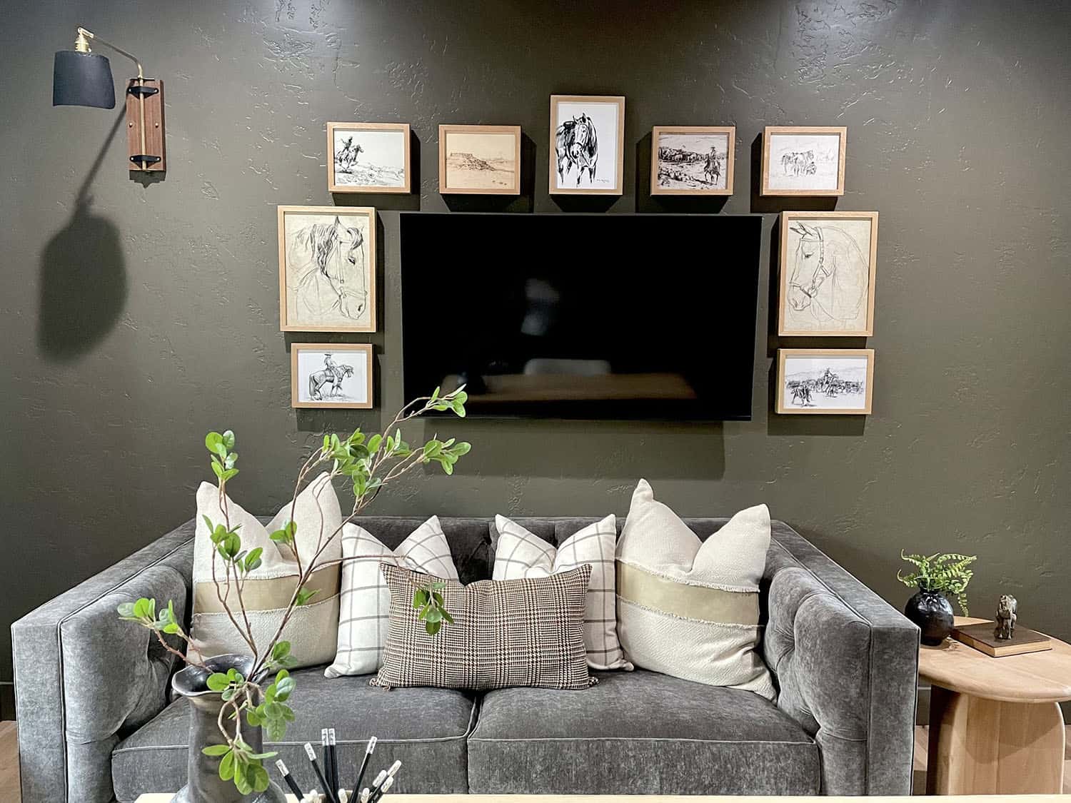 Dark and moody office, with cozy seating