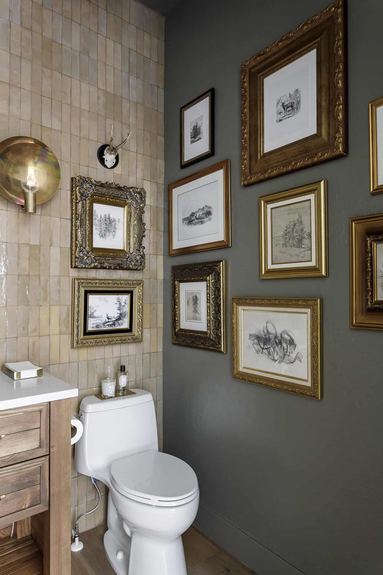 dark and moody powder room with Zellige tile whole wall backsplash