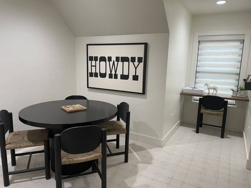 rustic kids' bunk room with a table for games
