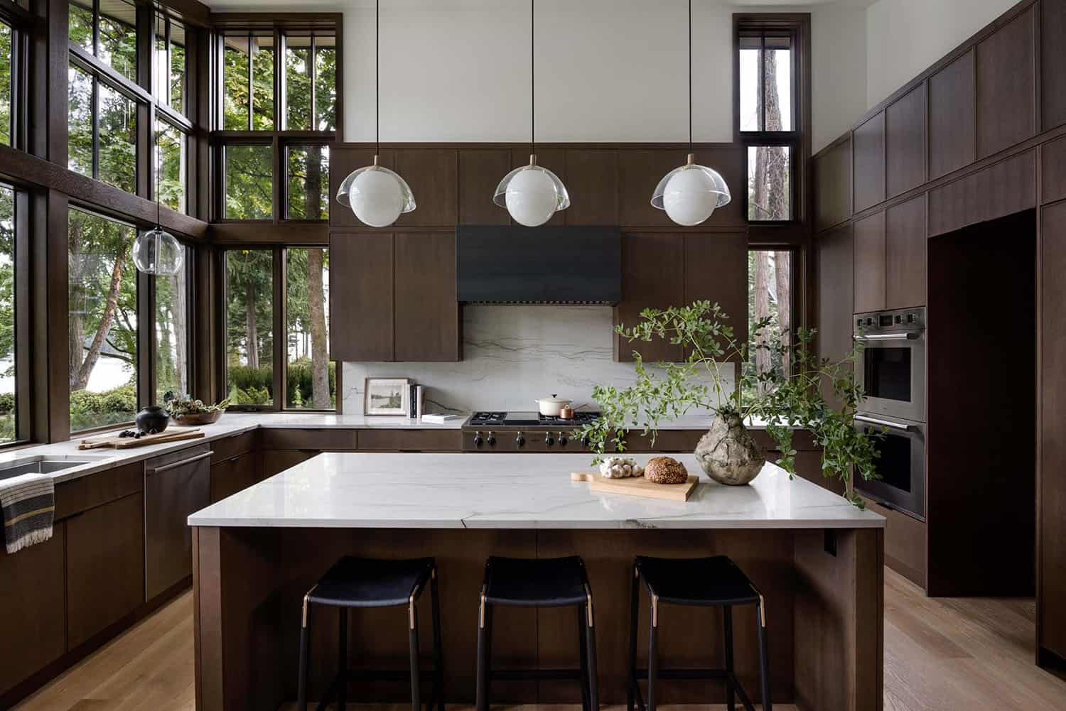 modern kitchen with pendant lights